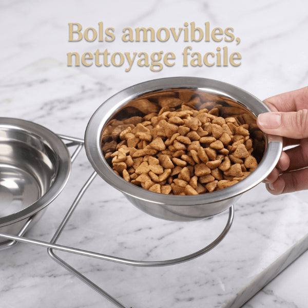 Double gamelle chat avec bols inox amovibles facilitant remplissage et nettoyage quotidien