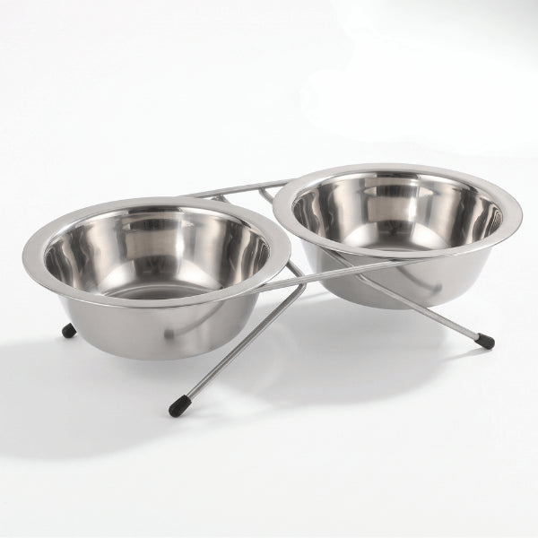 Double gamelle chat avec deux bols inox sur support métallique croisé et stable