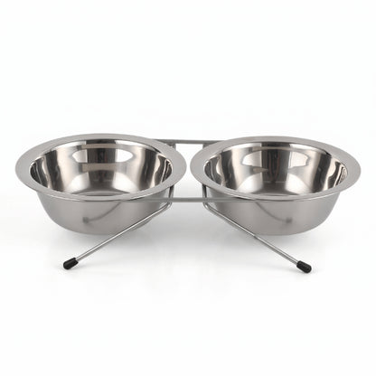 Double gamelle chat inox compacte avec deux bols côte à côte sur support inox antidérapant