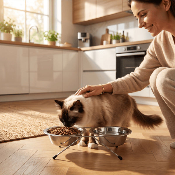 Double gamelle chat stable permettant au félin de manger confortablement ses croquettes quotidiennes