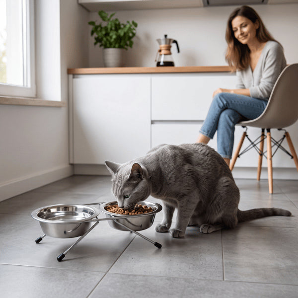 Double gamelle chat pour servir croquettes et eau simultanément pendant les repas quotidiens