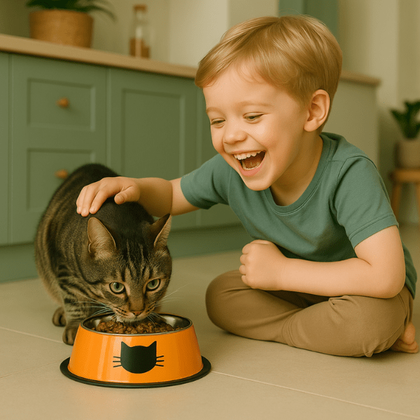 Gamelle chat inox orange cuisine et enfant content caresse le chat qui mange Croc'Miaou™