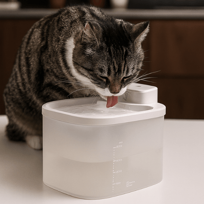 Félin qui boit dans fontaine a eau chat sans fil à batterie détecteur capteur