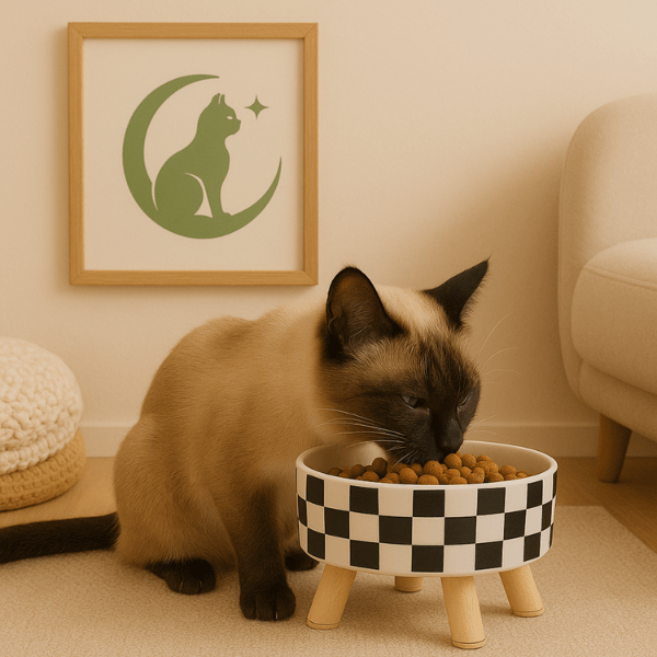 Félin siamois mange croquettes dans gamelle chat surélevée damier salon Festin'Félin™