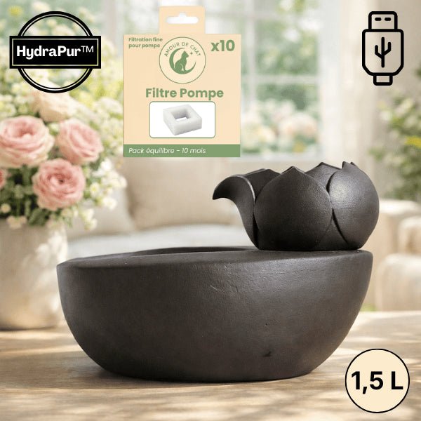 Fontaine à eau chat céramique noir mat 1,5L USB avec pack filtres de pompe pour eau propre – HydraPur™