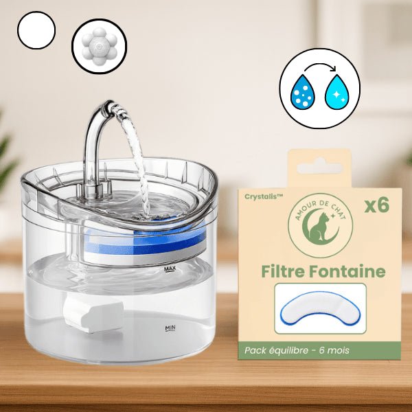 Fontaine à chat transparente à robinet option capteur de mouvement ou pack filtres - Crystalis™