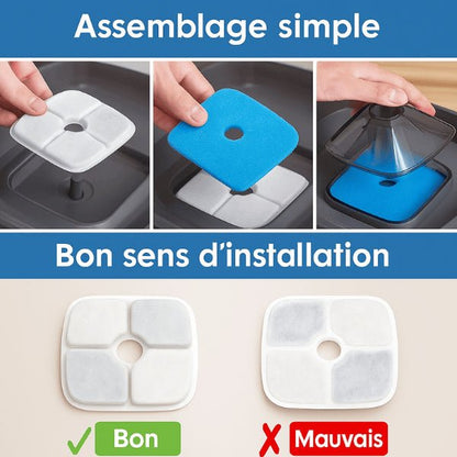 Sens d'installation du filtre de la fontaine à chat grande capacité - Royalis™