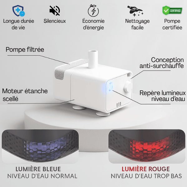 Fontaine à chat filtrée avec pompe certifiée fiable et durable à repère lumineux - Royalis™