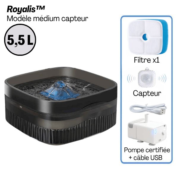 Fontaine à chat grande capacité 5,5 litres option capteur avec filtre pompe et câble USB - Royalis™