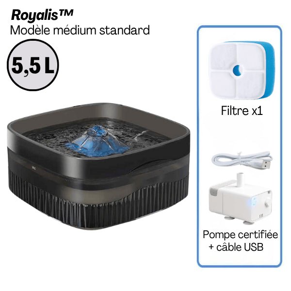 Fontaine à chat grande capacité 5,5 litres pack standard filtre pompe et câble USB inclus - Royalis™