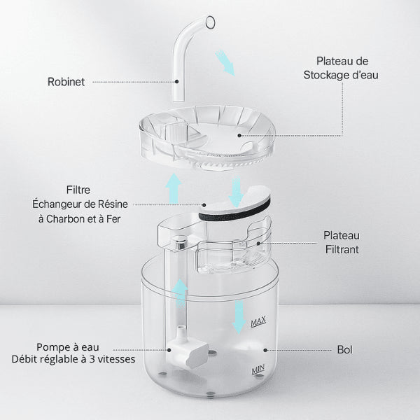 Fontaine à chat facile à démonter et entretenir avec descriptifs des éléments - Crystalis™