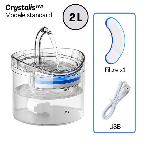 Fontaine à chat transparente à robinet 2 L avec filtre et câble USB inclus - Crystalis™