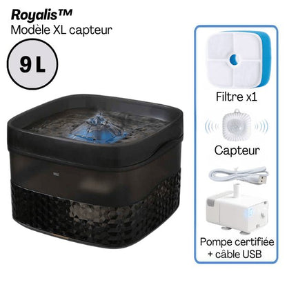 Fontaine à chat grande capacité 9 litres option capteur avec filtre pompe et câble USB - Royalis™