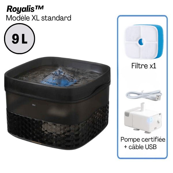 Fontaine à chat grande capacité 9 litres pack standard filtre pompe et câble USB inclus - Royalis™