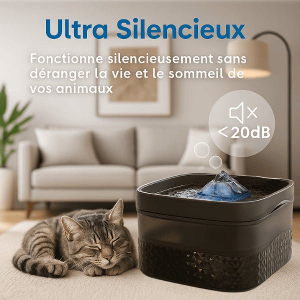 Fontaine à chat ultra silencieuse moins de 20 dB avec félin qui dort auprès de la fontaine - Royalis™