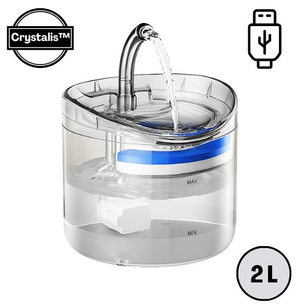 Fontaine à chat transparente à robinet filtrée en continue prise USB - Crystalis™