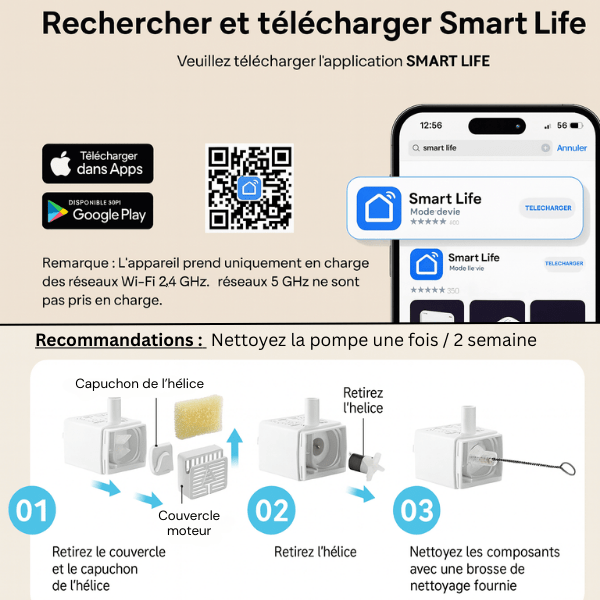 Fontaine à eau chat avec application smart life recommandation nettoyage pompe AquaTech™
