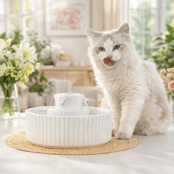 Chat buvant eau fraîche dans une fontaine à eau chat en céramique blanche à cascade centrale - Organic™