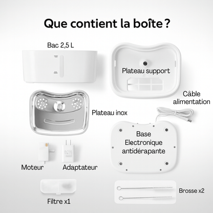 Fontaine à eau chat pack complet bac brosse filtre base antidérapante connectée AquaTech™