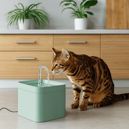 Fontaine a eau chat robinet verte dans cuisine avec félin tigre qui boit