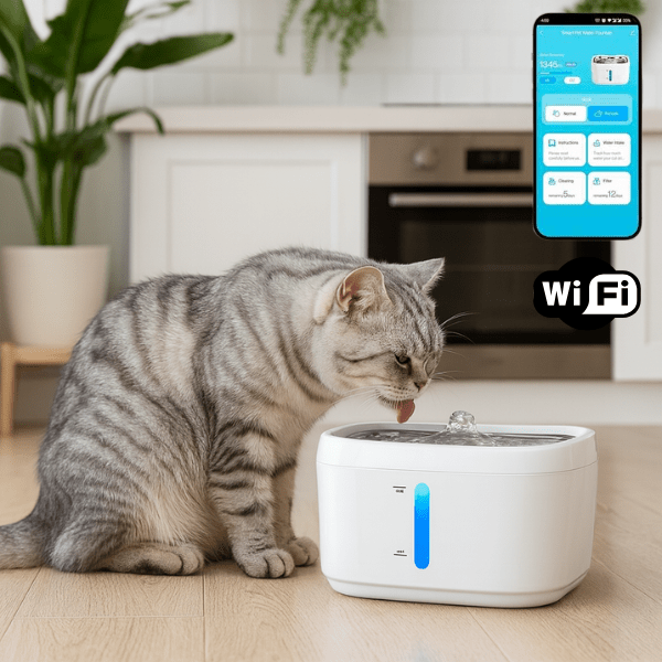 Fontaine à eau chat wifi connectée avec félin boit dans cuisine application - AquaTech™