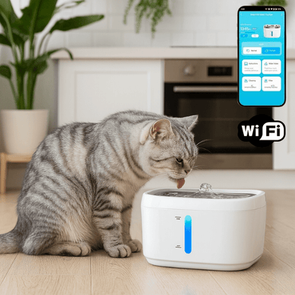 Fontaine à eau chat wifi connectée avec félin boit dans cuisine application - AquaTech™