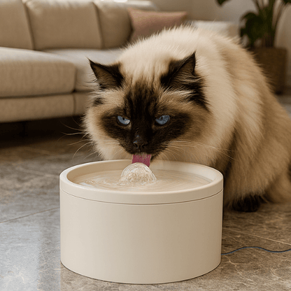 Fontaine a eau pour chat ceramique design pratique ronde avec siamois qui boit dans CrystalPaws™