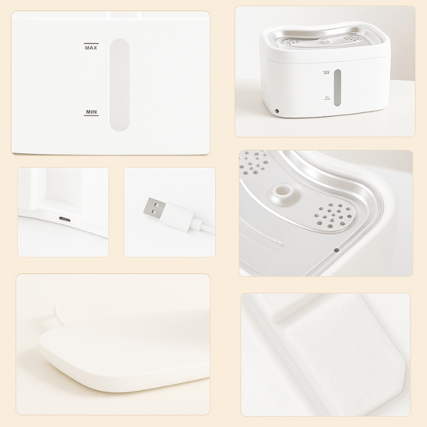 Fontaine à eau pour chat connectée niveau d'eau USB-C plateau inox filtre base complète AquaTech™