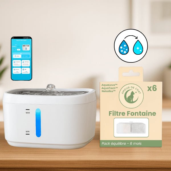 Fontaine à eau pour chat connectée sans fil automatique ou pack filtre fontaine chat AquaTech™