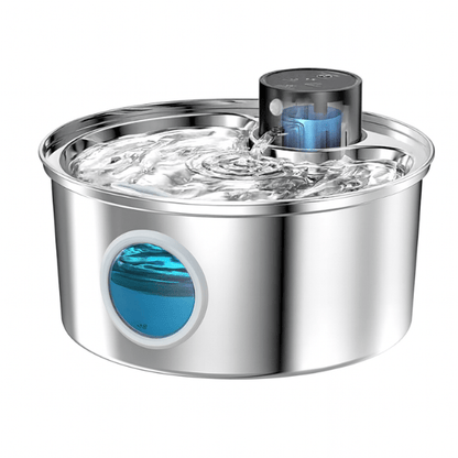 Fontaine a eau pour chat en inox avec hublot bleu eau et batterie Vinox™