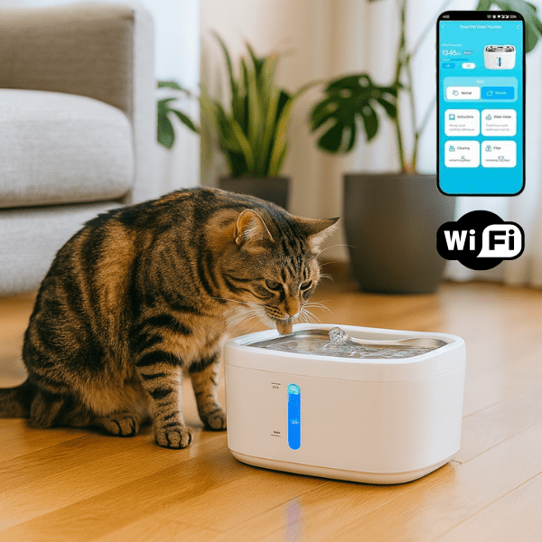 Fontaine à eau pour chat wifi téléphone et félin qui boit dans salon avec plantes - AquaTech™
