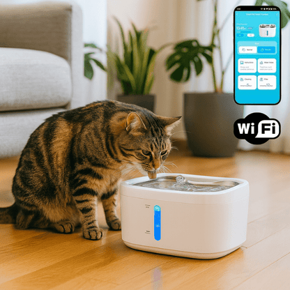 Fontaine à eau pour chat wifi téléphone et félin qui boit dans salon avec plantes - AquaTech™