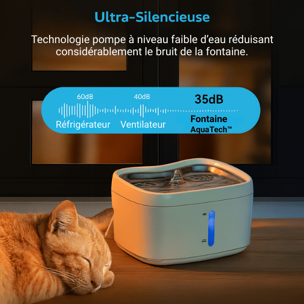 Fontaine à eau pour chat ultrasilencieuse 35 dB avec détecteur niveau d'eau faible - AquaTech™