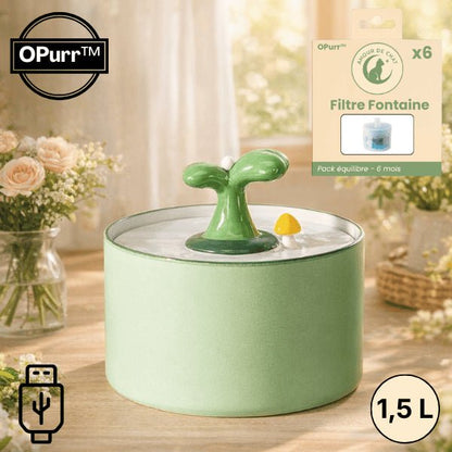 Fontaine à eau chat céramique à buse cactus verte et pack filtre fontaine 5 couches compatible - OPurr™