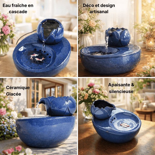Fontaine eau chat en céramique bleu avec cascade lotus, décoration poisson et design apaisant – HydraPur™