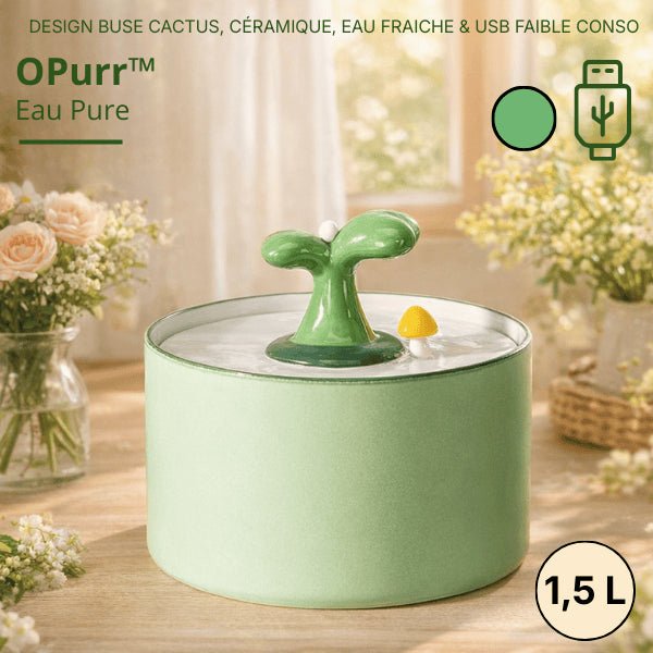 Fontaine céramique verte pour chat avec jet cactus et pompe ultra silencieuse moins de 30 dB – OPurr™