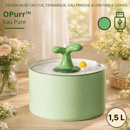 Fontaine céramique verte pour chat avec jet cactus et pompe ultra silencieuse moins de 30 dB – OPurr™