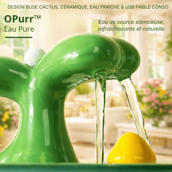 Jet d’eau en cascade sur buse cactus verte d’une fontaine chat céramique pour hydratation fraîche – OPurr™