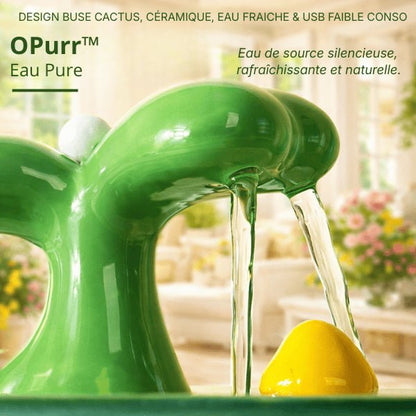 Jet d’eau en cascade sur buse cactus verte d’une fontaine chat céramique pour hydratation fraîche – OPurr™
