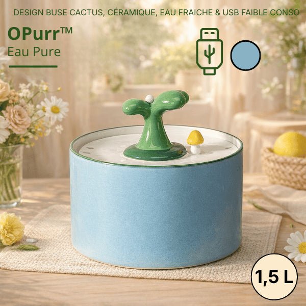 Fontaine à eau chat bleue en céramique ronde avec buse cactus et alimentation USB faible consommation – OPurr™