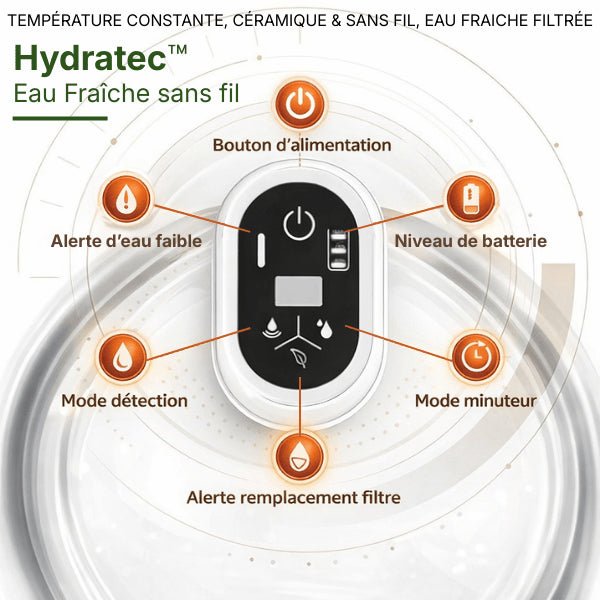 Fontaine chat sans fil avec alerte intelligente niveau d’eau faible, batterie faible et rappel remplacement filtre - Hydratec™