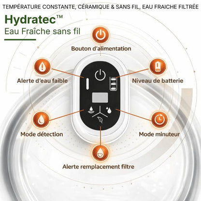 Fontaine chat sans fil avec alerte intelligente niveau d’eau faible, batterie faible et rappel remplacement filtre - Hydratec™