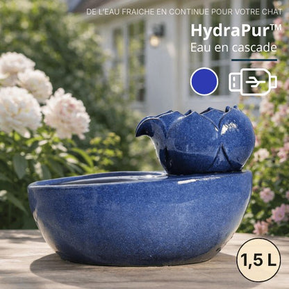Fontaine eau chat en céramique bleu brillant à écoulement doux en cascade et bol rond 1,5L – HydraPur™