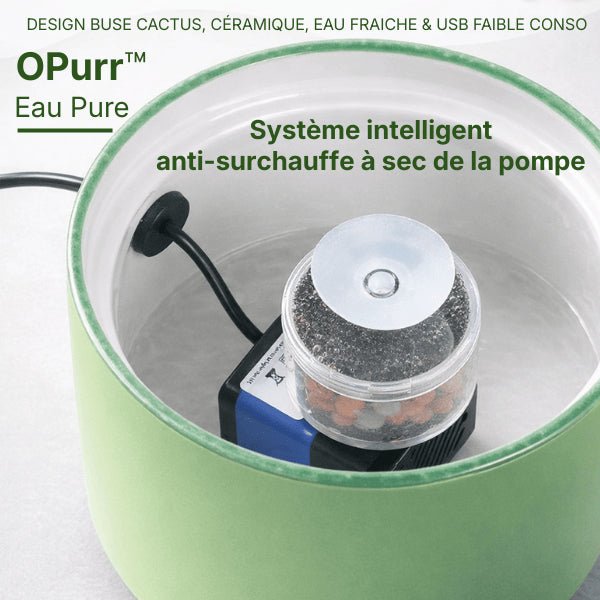 Système intelligent anti-surchauffe à sec de la pompe intégré à la fontaine à eau chat céramique jet cactus OPurr™