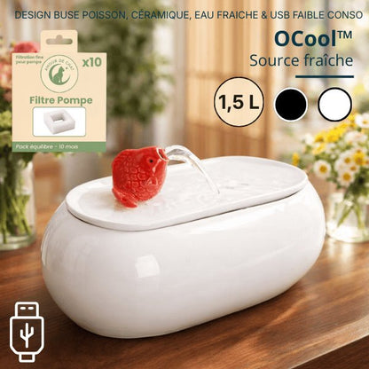 Fontaine à eau chat en céramique blanche ovale avec buse poisson et système USB silencieux – OCool™