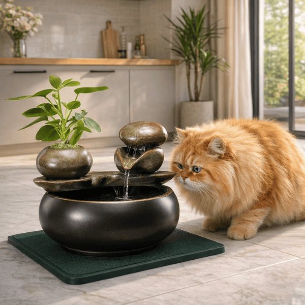 Chat observant une fontaine à eau chat céramique décorative à cascade naturelle