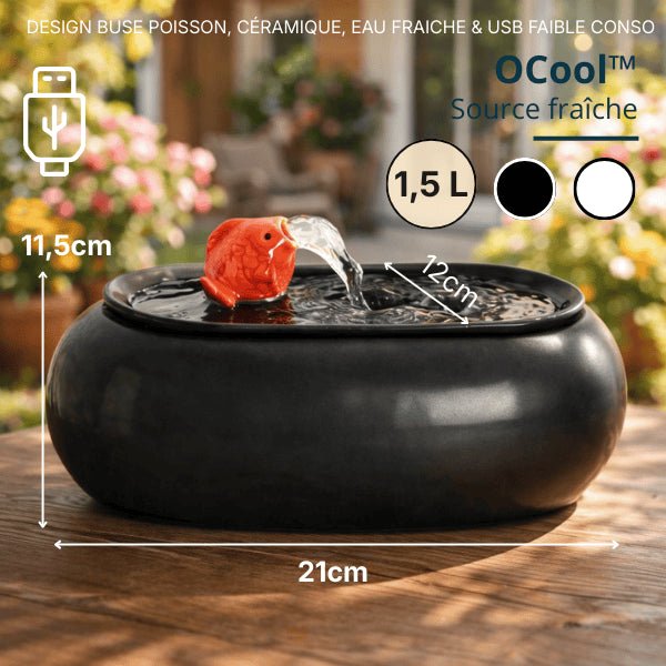 Fontaine à eau chat en céramique noire avec buse poisson rouge, dimensions, capacité 1,5 litres et USB – OCool™