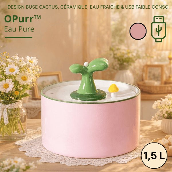 Fontaine à eau chat ronde en céramique rose avec buse cactus, alimentation USB 1,5 litre – OPurr™