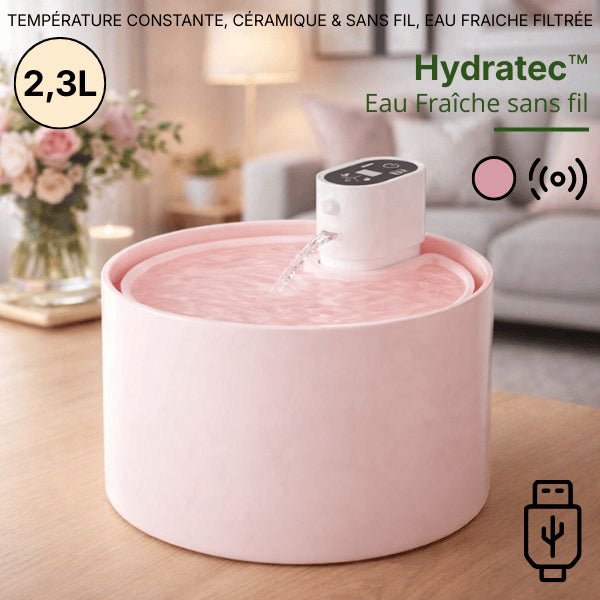 Fontaine a eau chat sans fil céramique rose 2,3 litres avec capteur de mouvement - Hydratec™