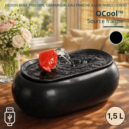 Fontaine à eau chat design moderne en céramique noire avec écoulement doux et alimentation USB – OCool™